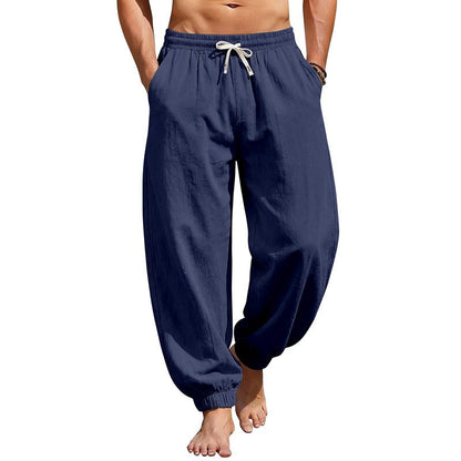 Men's relaxed harem pants made of linen blend with elastic tunnel drawstring waistband and gathered ankle cuffs Shop Velvia