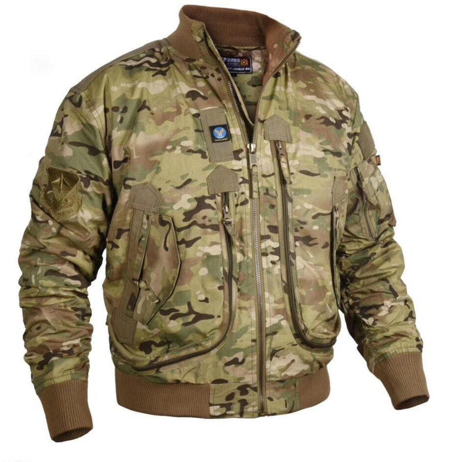 Men's Tactical-Style Camo Bomber Jacket with Multiple Pockets and Ribbed Cuffs Shop Velvia