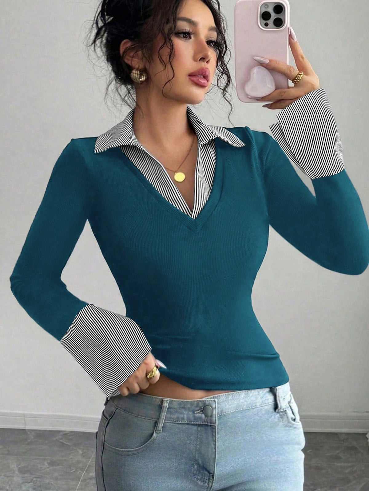 Ladies fine knit sweater with integrated shirt collar and striped cuffs Shop Velvia