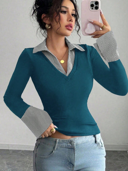 Ladies fine knit sweater with integrated shirt collar and striped cuffs Shop Velvia