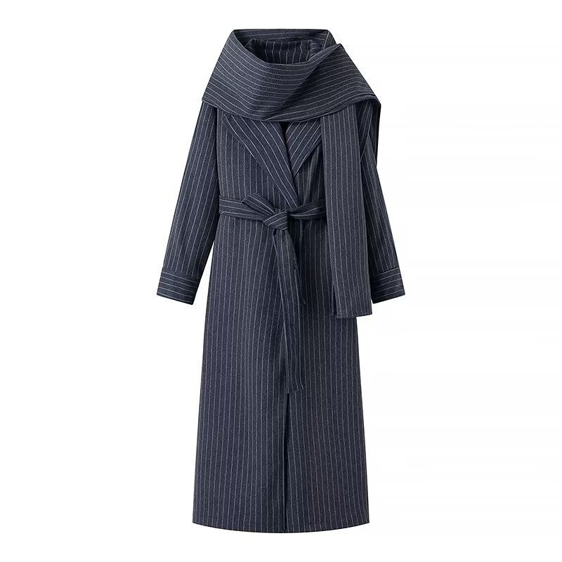 Women's Long Cut Pinstripe Coat in Trench Coat Look with Tie Belt Shop Velvia