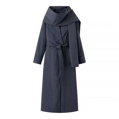 Women's Long Cut Pinstripe Coat in Trench Coat Look with Tie Belt Shop Velvia