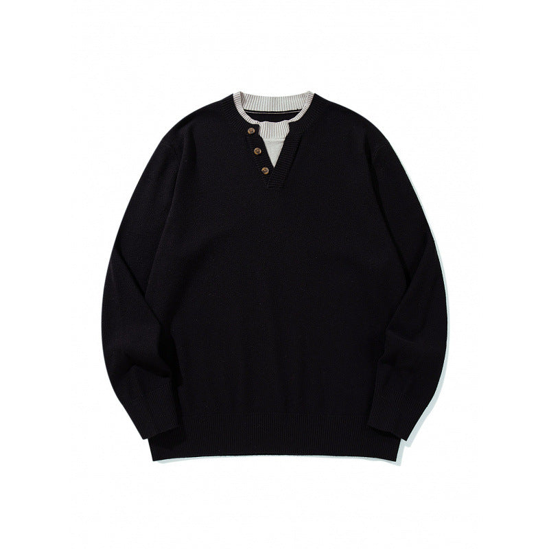 Unisex knit sweater with Henley button placket, contrast collar and boxy cut Shop Velvia
