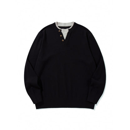 Unisex knit sweater with Henley button placket, contrast collar and boxy cut Shop Velvia
