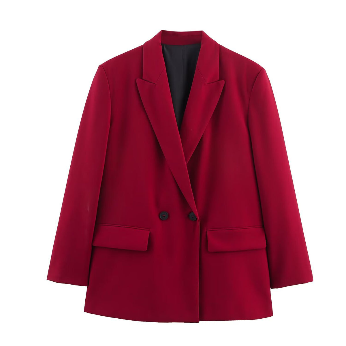 Women's Double-Breasted Blazer with Lapel Collar, Longer Oversized Cut and Flap Pockets Shop Velvia