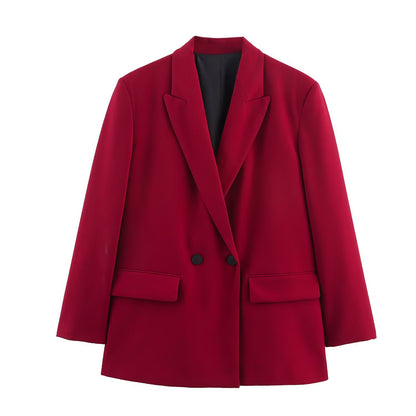 Women's Double-Breasted Blazer with Lapel Collar, Longer Oversized Cut and Flap Pockets Shop Velvia