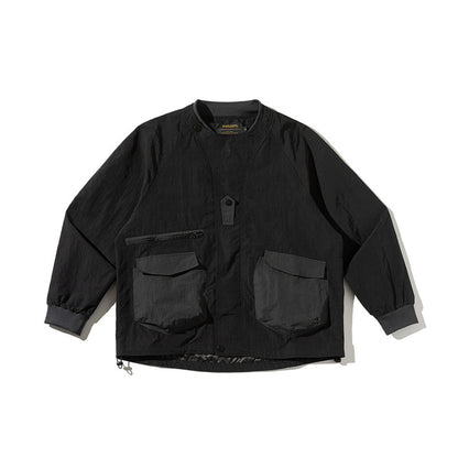 Unisex Lightweight Boxy Field Jacket without Collar with Raglan Sleeves, Patch Flap Pockets and Drawstring Shop Velvia