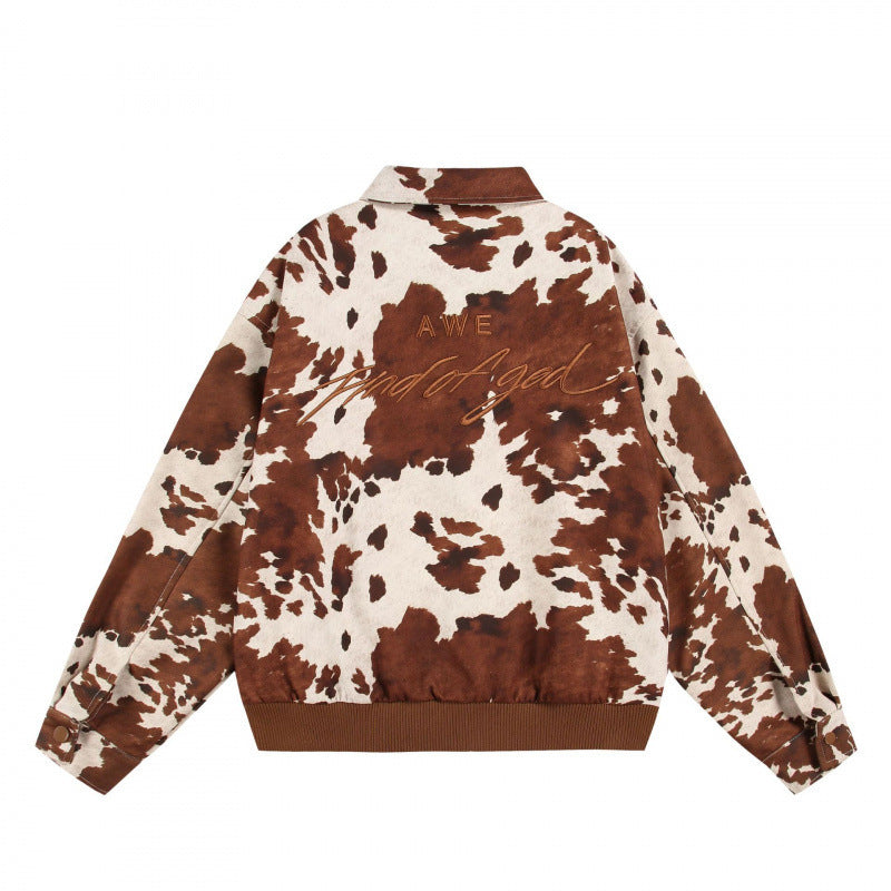 Unisex Boxy Bomber Jacket with Cow Pattern, Zipper and Ribbed Cuff Shop Velvia