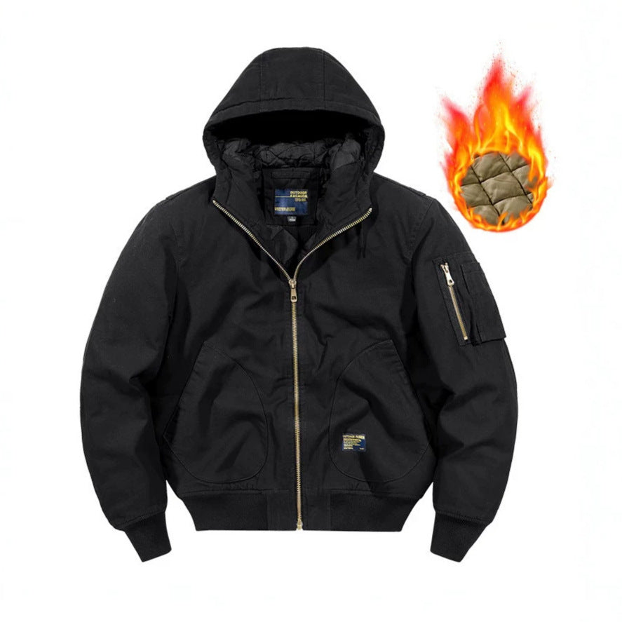 Men's hooded bomber jacket with quilted thermal lining and robust canvas outer material Shop Velvia