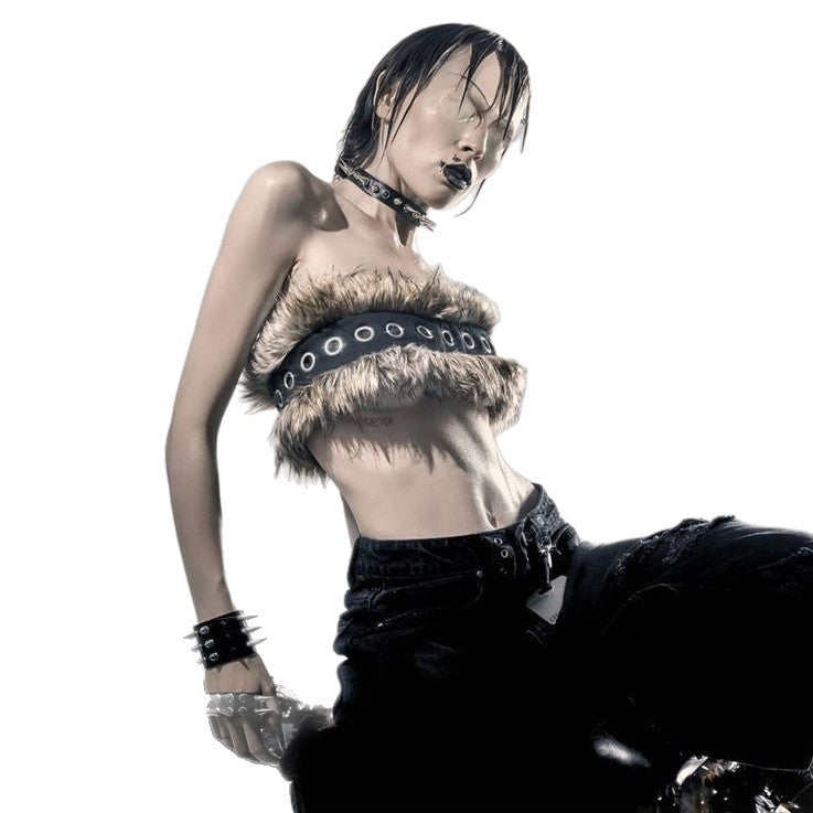 Women Cropped Bandeau Top with Faux Fur Trim, Grommet Leather Strap and Gothic-Punk Details Shop Velvia