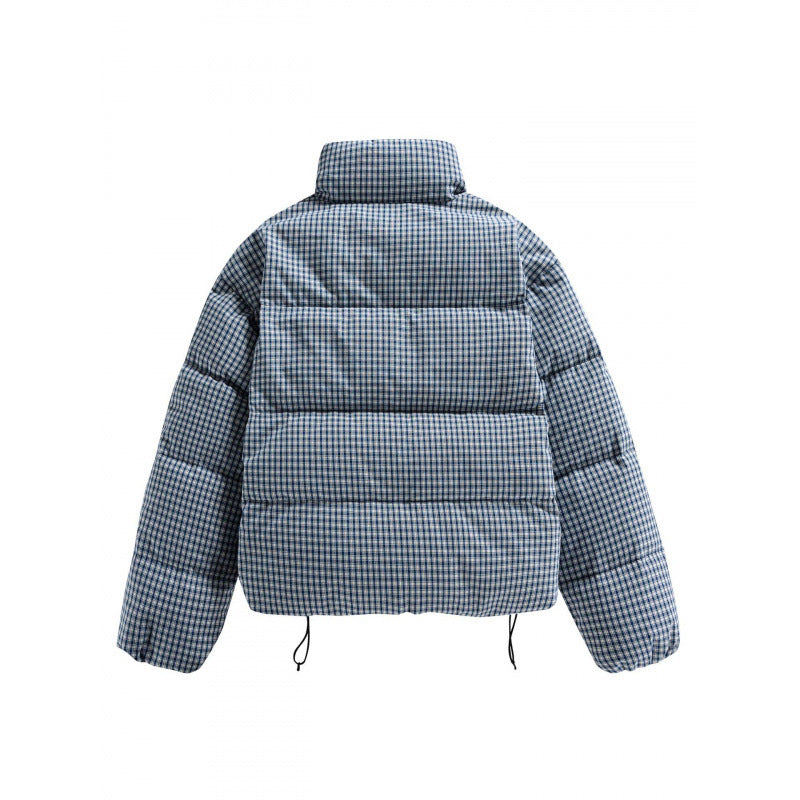 Women's short quilted jacket in check pattern with high stand-up collar and drawstring Shop Velvia