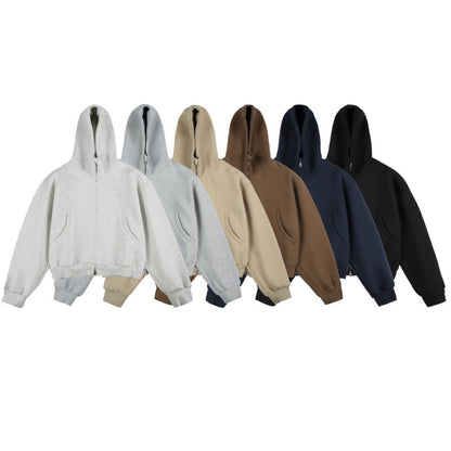 [Unisex] Short Boxy Hoodie with Continuous Zipper and Inserted Side Pockets Shop Velvia