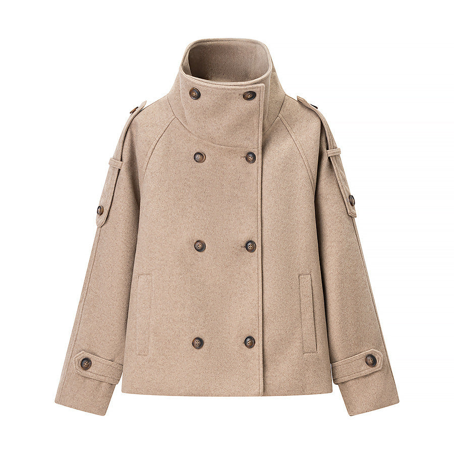 Women's Short Double-Breasted Wool Peacoat with Stand-Up Collar Shop Velvia