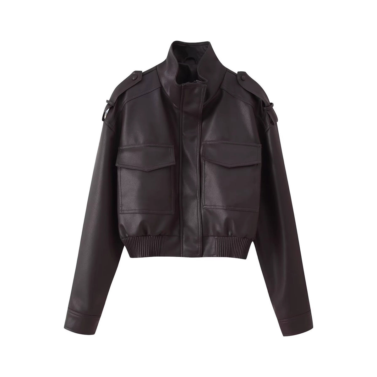 Women Short-Cut Leather Bomber with High Stand Collar, Shoulder Straps and Flap Pockets Shop Velvia