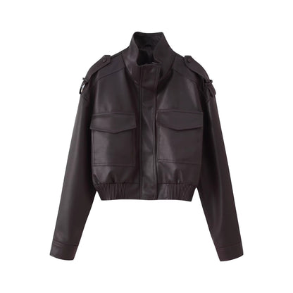 Women Short-Cut Leather Bomber with High Stand Collar, Shoulder Straps and Flap Pockets Shop Velvia