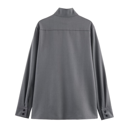 Women's loose-fitting tunic blouse with concealed button placket and stand-up collar Shop Velvia