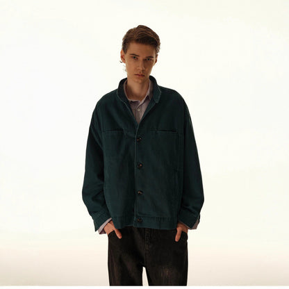 Men's Loose Canvas Overshirt with Stand-Up Collar, Patch Pockets and Distinctive Stitching Details Shop Velvia