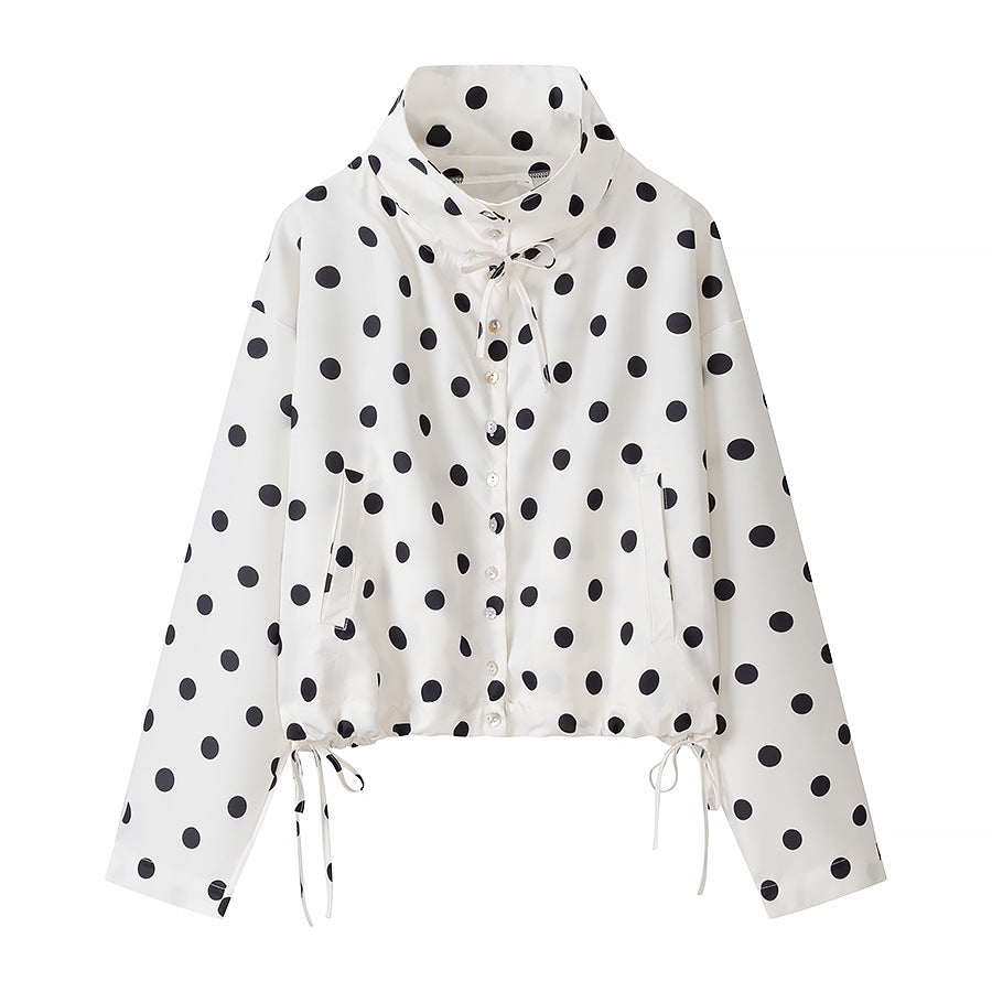 Women's Lightweight Polka Dot Wind Jacket with Stand-Up Collar and Drawstring Shop Velvia