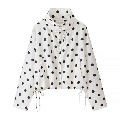 Women's Lightweight Polka Dot Wind Jacket with Stand-Up Collar and Drawstring Shop Velvia