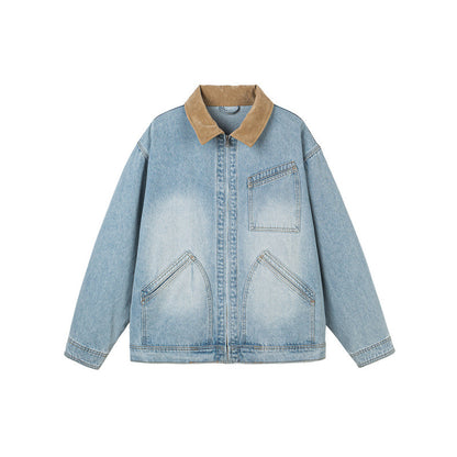 Men's Boxy Denim Jacket in Worker Style with Cord Collar and Front Zipper Shop Velvia