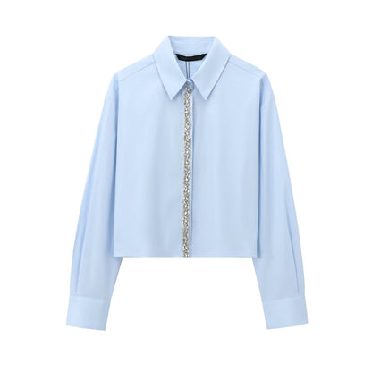 Women's Cropped Shirt with Crystal Decoration and Oversized Collar Shop Velvia