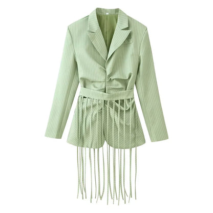Women's Tailored Blazer with Long Fringes, Pinstripes and Wrap Look Shop Velvia