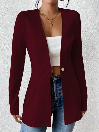 Ladies Tailored Long Blazer with V-Neck and One-Button Closure Shop Velvia
