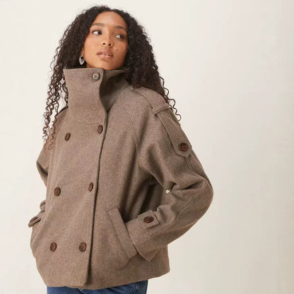 Women's Short Double-Breasted Wool Peacoat with Stand-Up Collar Shop Velvia