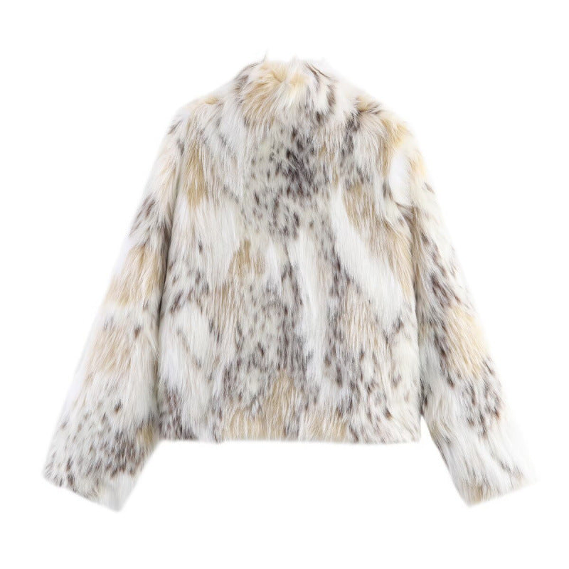Women Short Cut Faux Fur Jacket with Stand Collar and Voluminous Faux Fur Shop Velvia