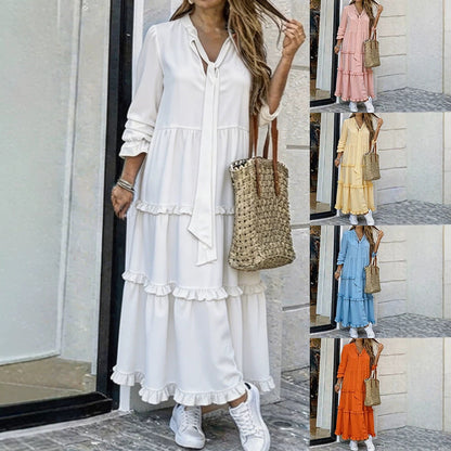 Women's Long Tiered Ruffle Maxi Dress with Tied Scarf and V-Neck Shop Velvia