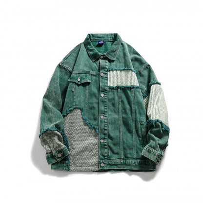 Unisex Oversize Jeans Jacket with Patchwork Knit Inserts and Used Look Shop Velvia