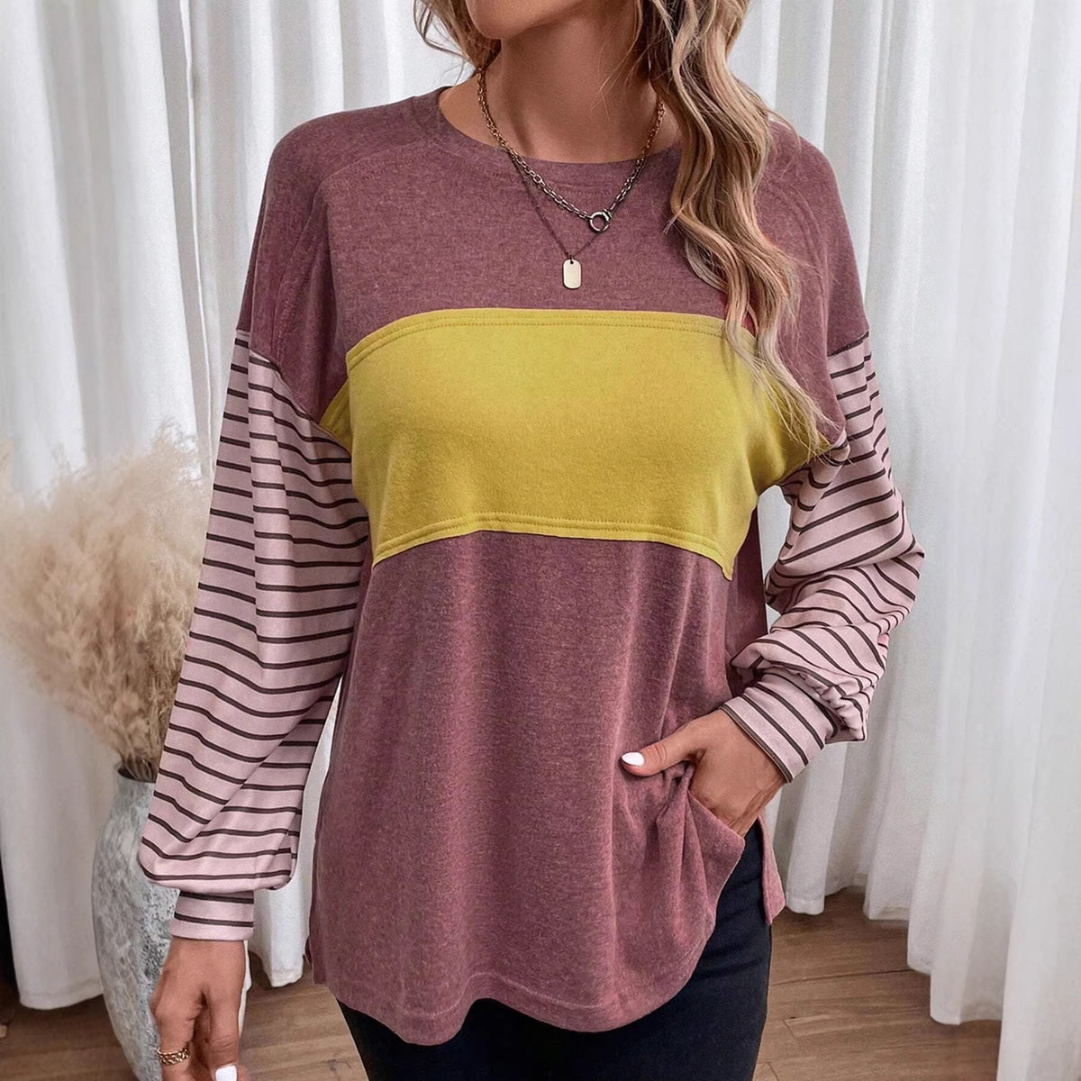 Women's Loose Colorblock Sweatshirt with Striped Sleeves and Round Neck Shop Velvia