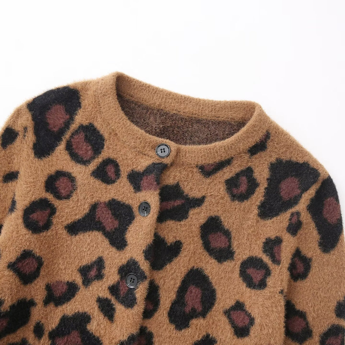 Women's fluffy cardigan in leopard print with round neckline and button placket Shop Velvia
