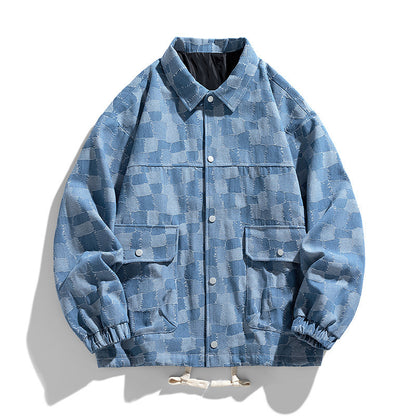 Men's oversized checkered denim jacket with snap buttons, flap pockets, and drawstring Shop Velvia