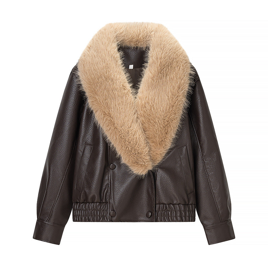 Women Quilted Leather Look Blouson with Voluminous Fur Collar Shop Velvia