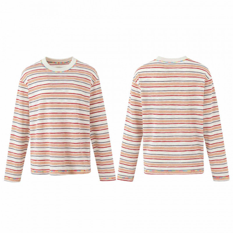 Unisex Oversize striped fine knit sweater with round neck and textured weave look Shop Velvia
