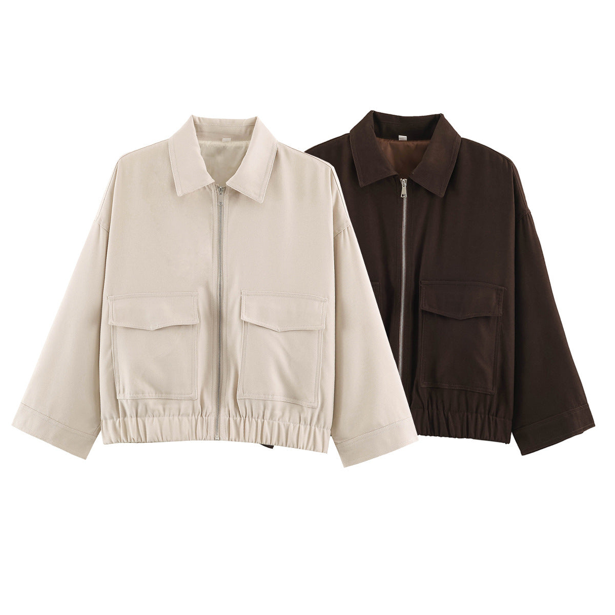 Women's Cropped Oversized Blouson Jacket with Large Flap Pockets, Full-Length Zipper and Elastic Hem Shop Velvia