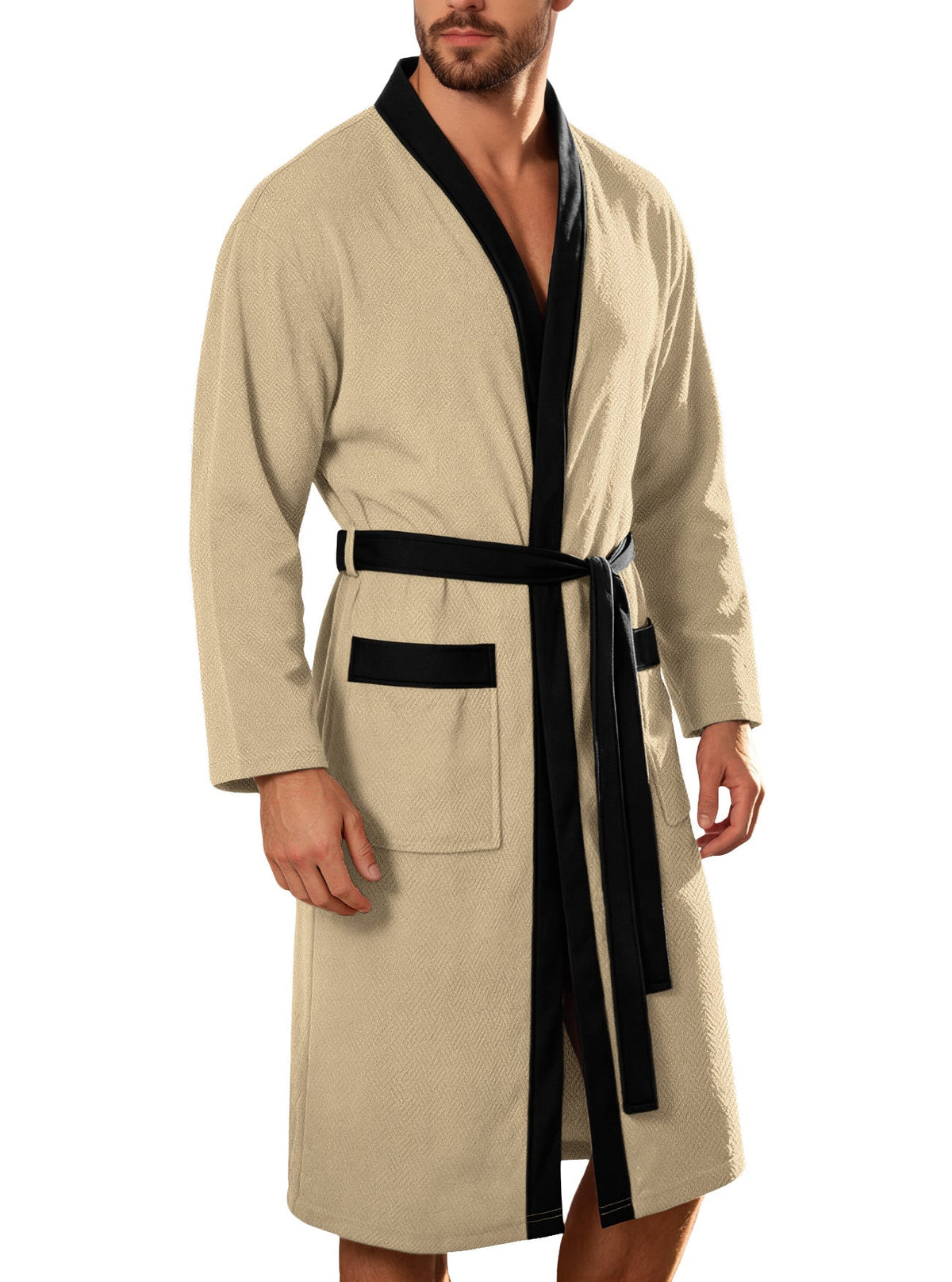 Men's lightweight cotton kimono bathrobe with waffle texture and patch pockets Shop Velvia