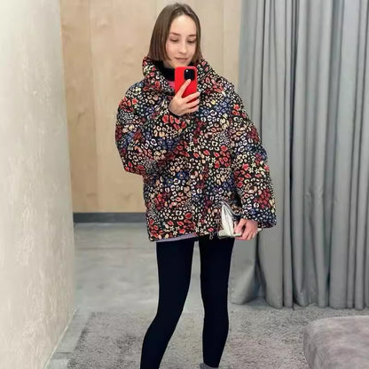 Women's Oversize Print Jacket with Stand-Up Collar and Hidden Button Placket Shop Velvia