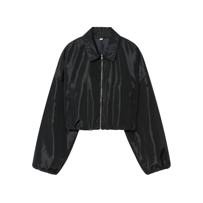 Women Cropped Bomber Jacket made of Satin Look with Zipper and Elastic Hem Shop Velvia