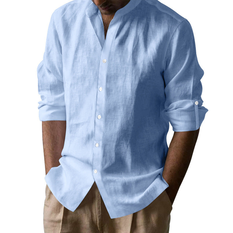 Men's Elegant Linen Shirt with Stand Collar and Button Details Shop Velvia