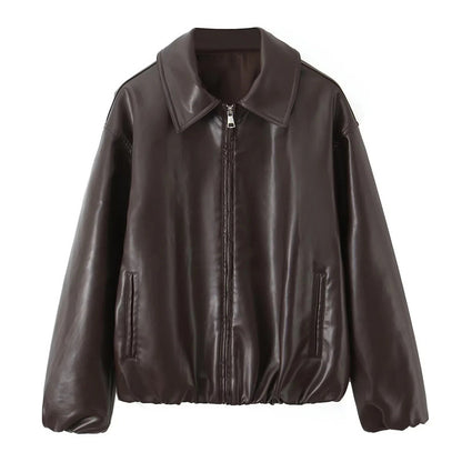 Women's Oversize Faux Leather Bomber with Shirt Collar, Concealed Zipper and Balloon Sleeves Shop Velvia