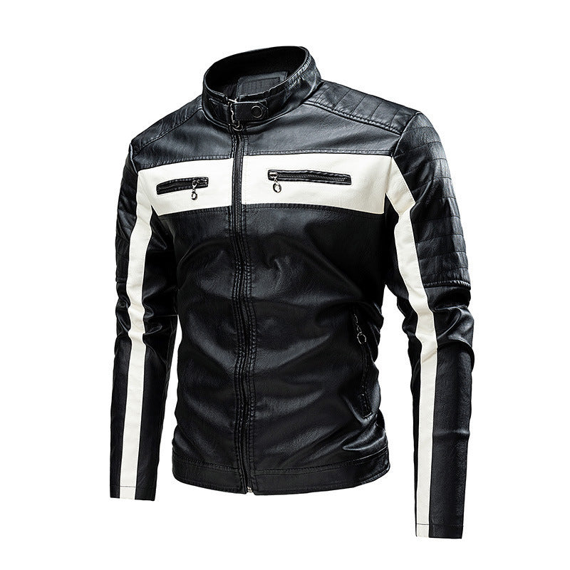 Men's Quilted Biker Jacket made of Faux Leather with Contrast Stripes and Stand-Up Collar Shop Velvia