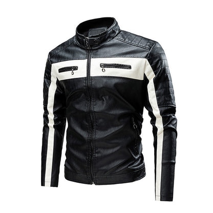 Men's Quilted Biker Jacket made of Faux Leather with Contrast Stripes and Stand-Up Collar Shop Velvia