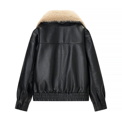 Women Quilted Leather Look Blouson with Voluminous Fur Collar Shop Velvia