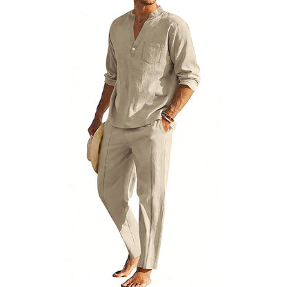 Men's comfortable linen two-piece with stand-up collar shirt and tapered ankle-length pants Shop Velvia