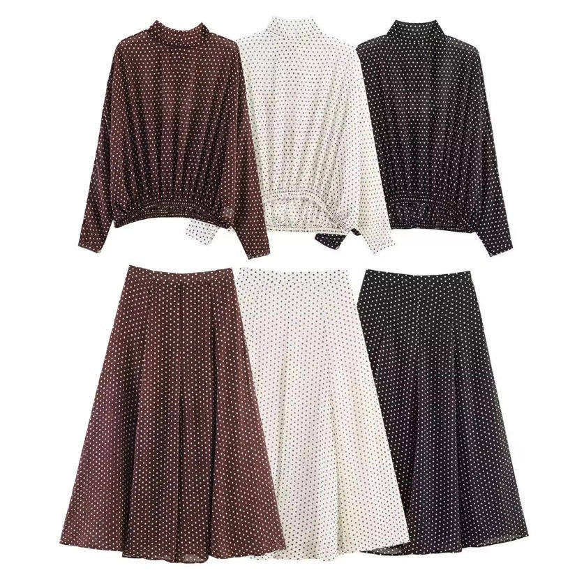 Women's Two-Piece Polka Dot Set with Stand Collar Blouse and Flared Midi Skirt Shop Velvia