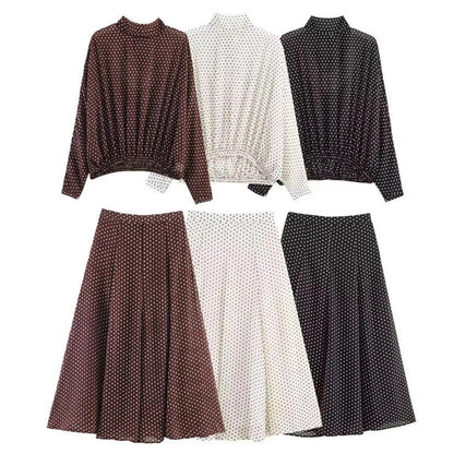 Women's Two-Piece Polka Dot Set with Stand Collar Blouse and Flared Midi Skirt Shop Velvia
