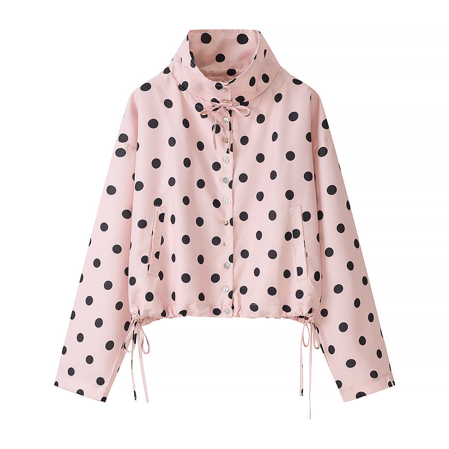 Women's Lightweight Polka Dot Wind Jacket with Stand-Up Collar and Drawstring Shop Velvia