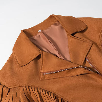 Women Short Suede Biker Jacket with Oversized Silhouette and Long Fringes Shop Velvia